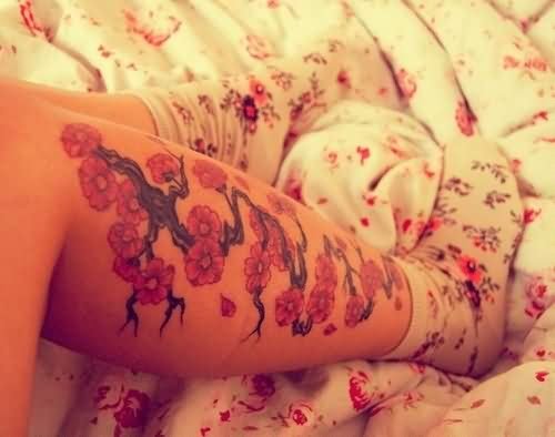 Awesome Color Ink Cherry Blosoom Flowers Tattoo On Leg